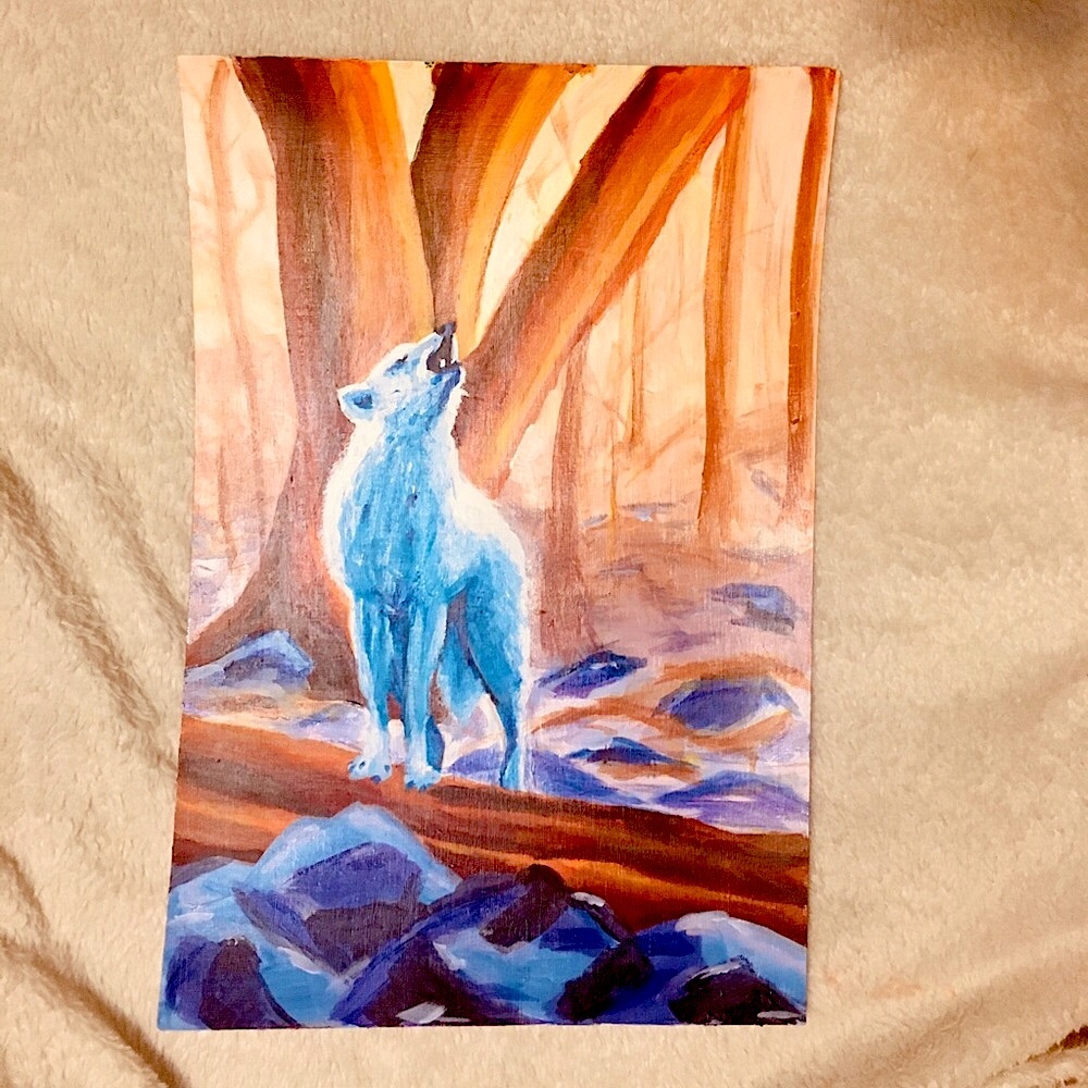 Vibrant 12x18 Original Acrylic painting ”Howling wolf”